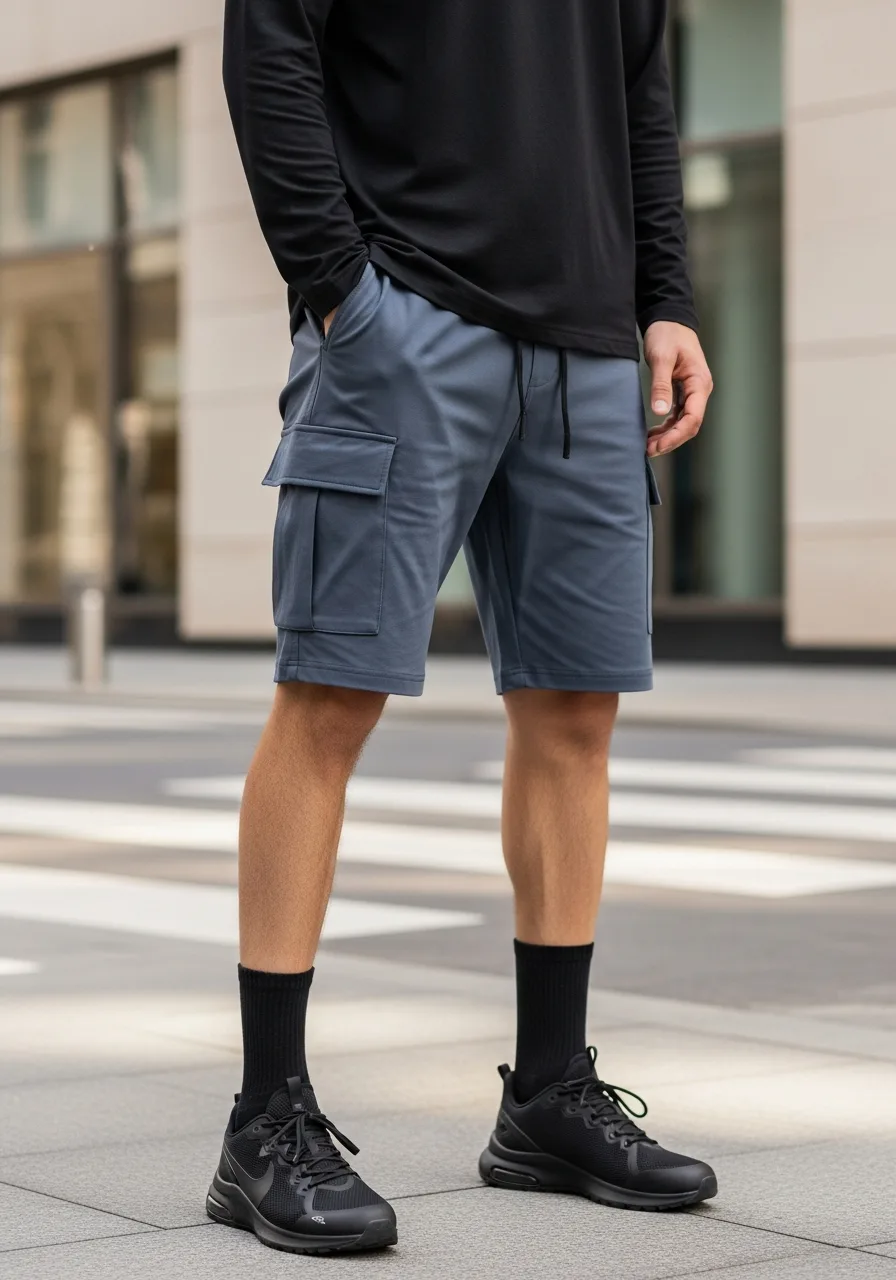 14. Stealth Monochrome Cargo Shorts Outfit