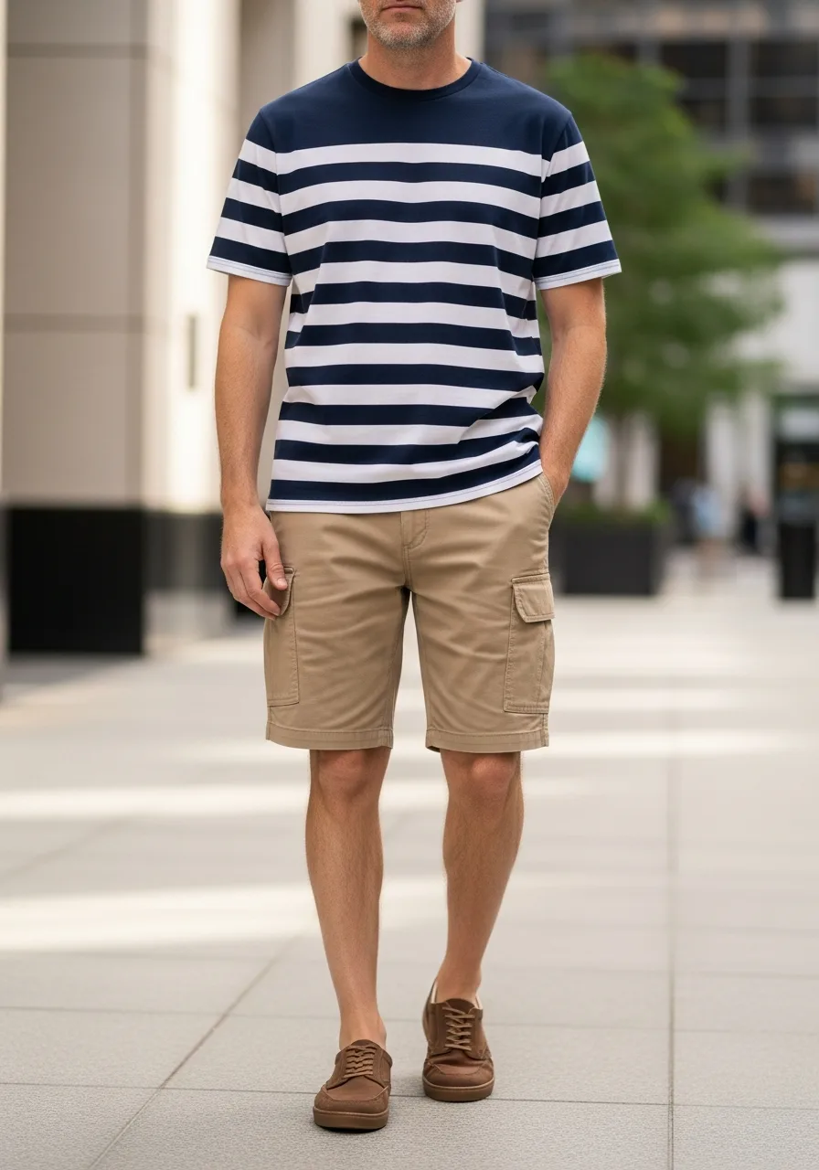 15. Striped Tee and Tan Cargoes