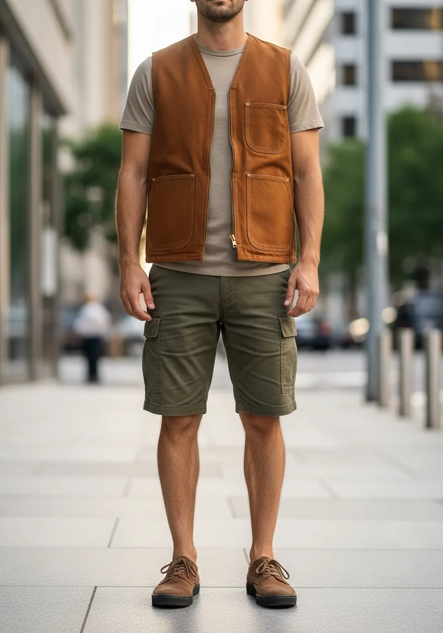 41. Workwear Vest Cargo Shorts Outfit