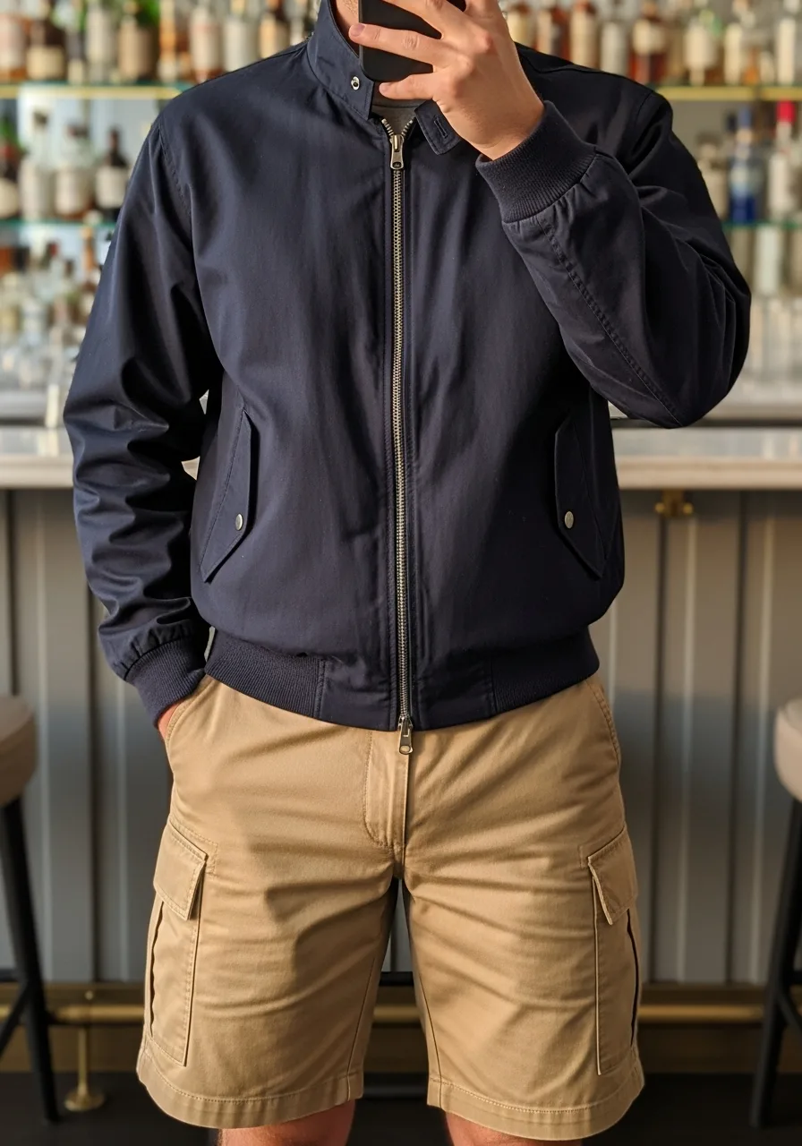 44. Harrington Jacket Cargo Shorts Outfit