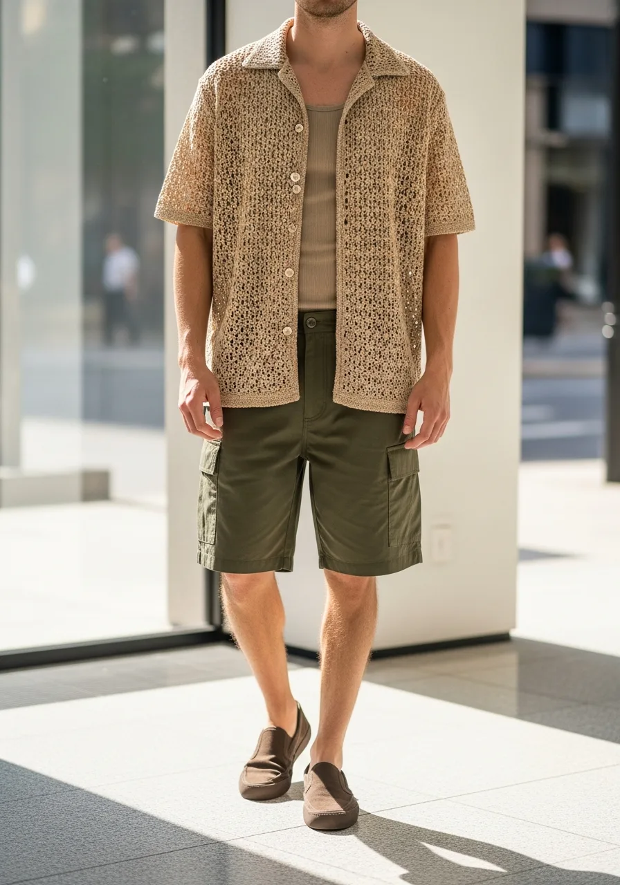 45. Crochet Shirt Cargo Shorts Outfit