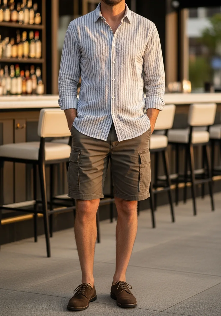 47. Seersucker Shirt Cargo Shorts Outfit