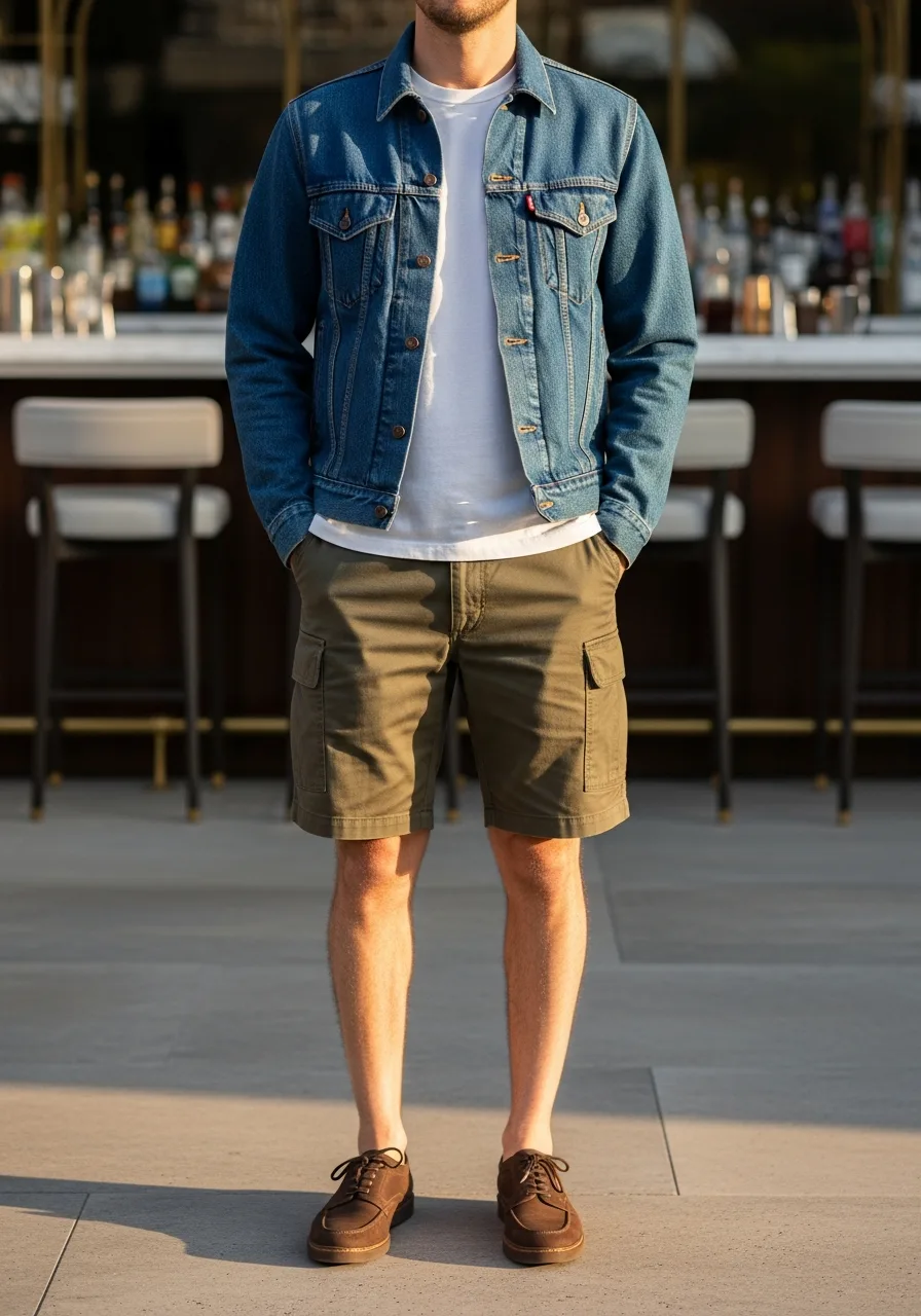 8. Denim Layers + Olive Cargo Shorts