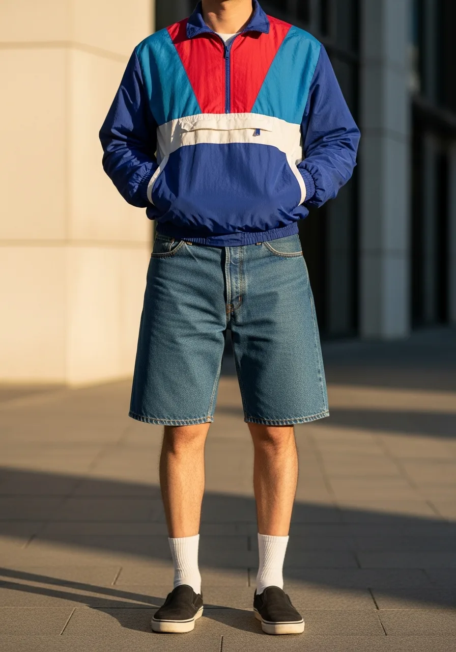 13. Windbreaker and Denim Bermuda Combo
