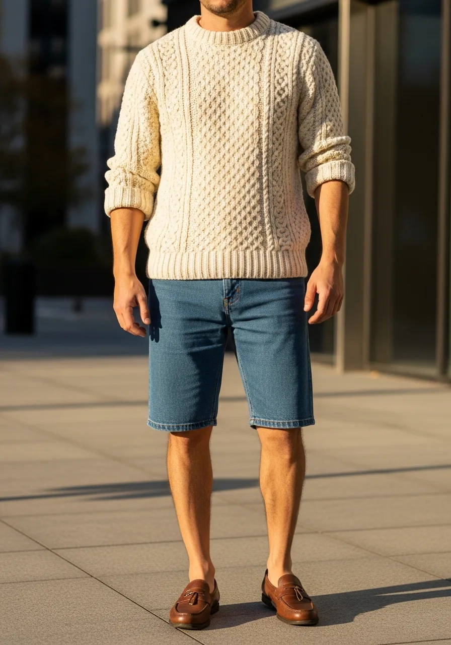 18. Cable Knit with Denim Bermudas