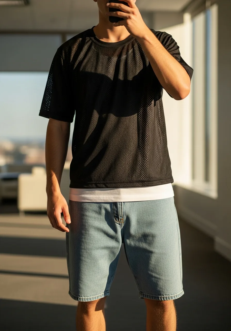 19. Mesh Layering + Baggy Denim Bermudas