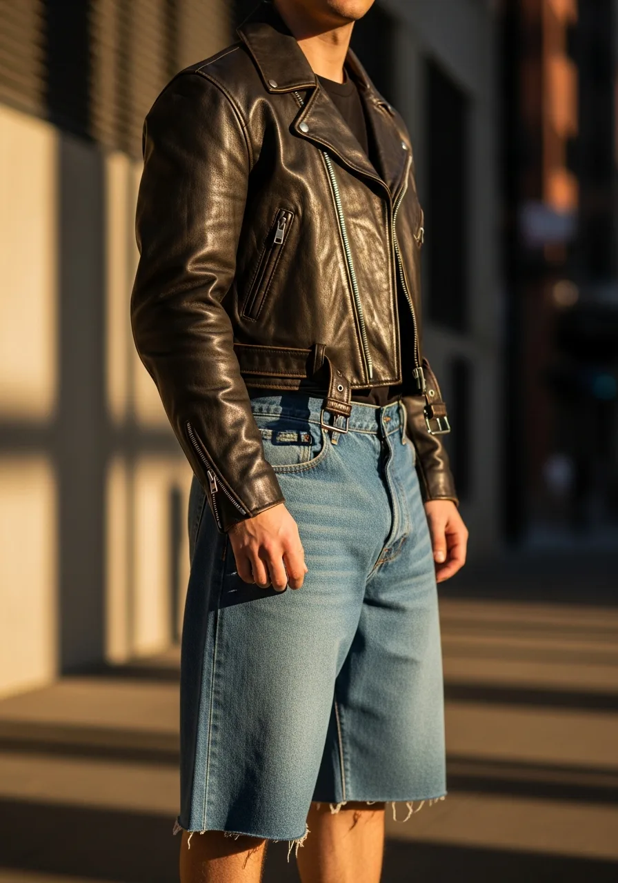 24. Leather Moto + Baggy Denim Bermudas