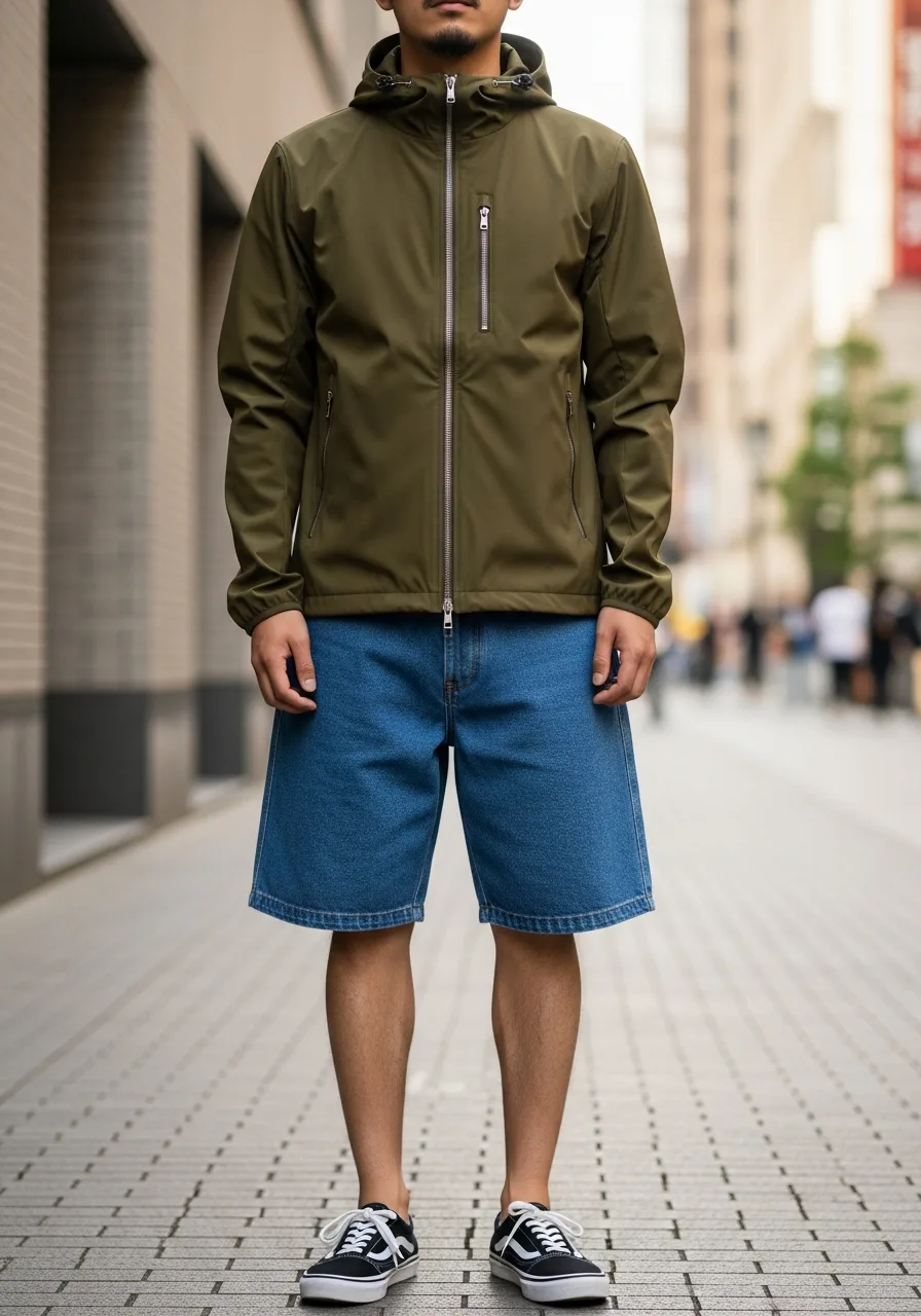 26. Technical Shell with Denim Bermudas