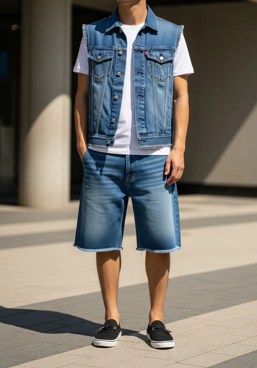 28. Denim Vest with Denim Bermudas