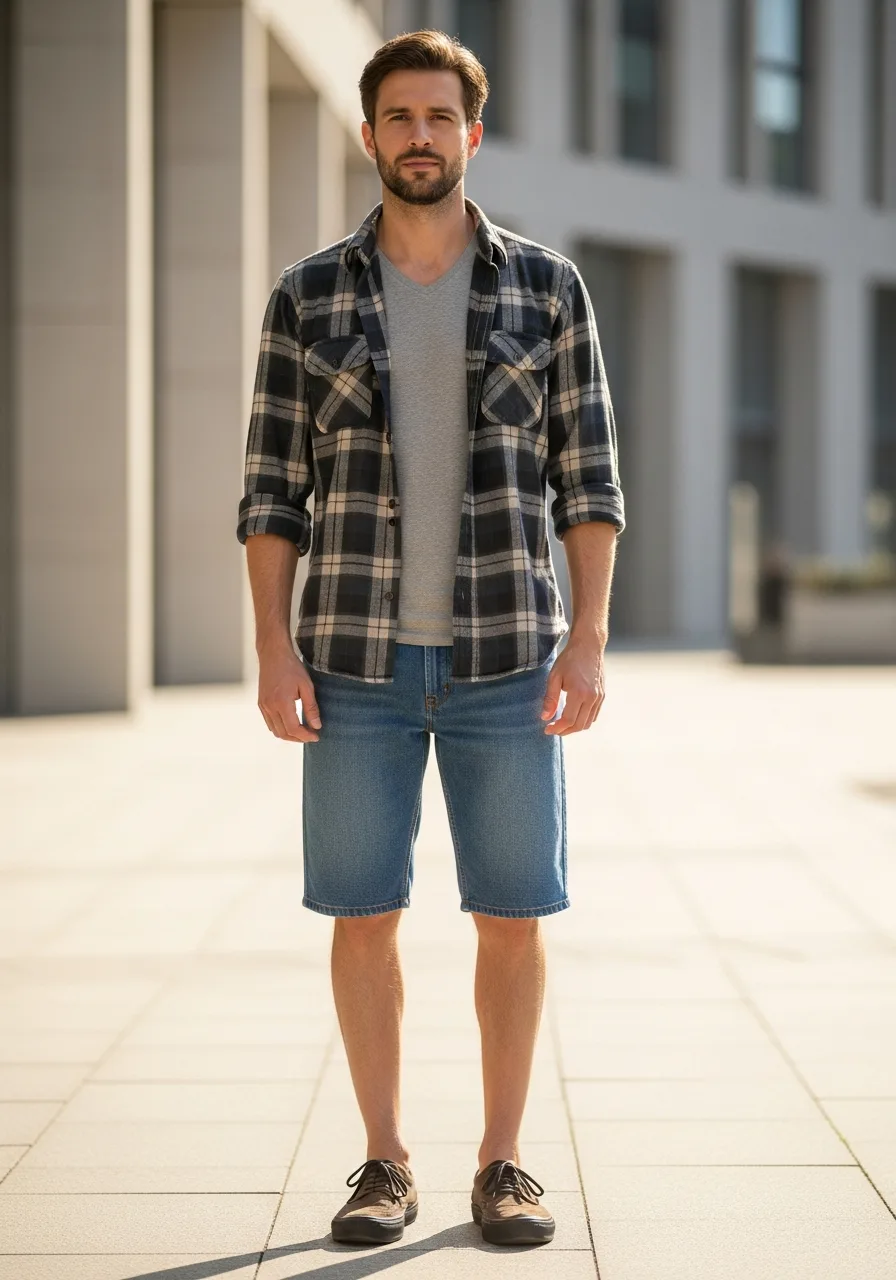 3. Open Flannel over Denim Bermudas