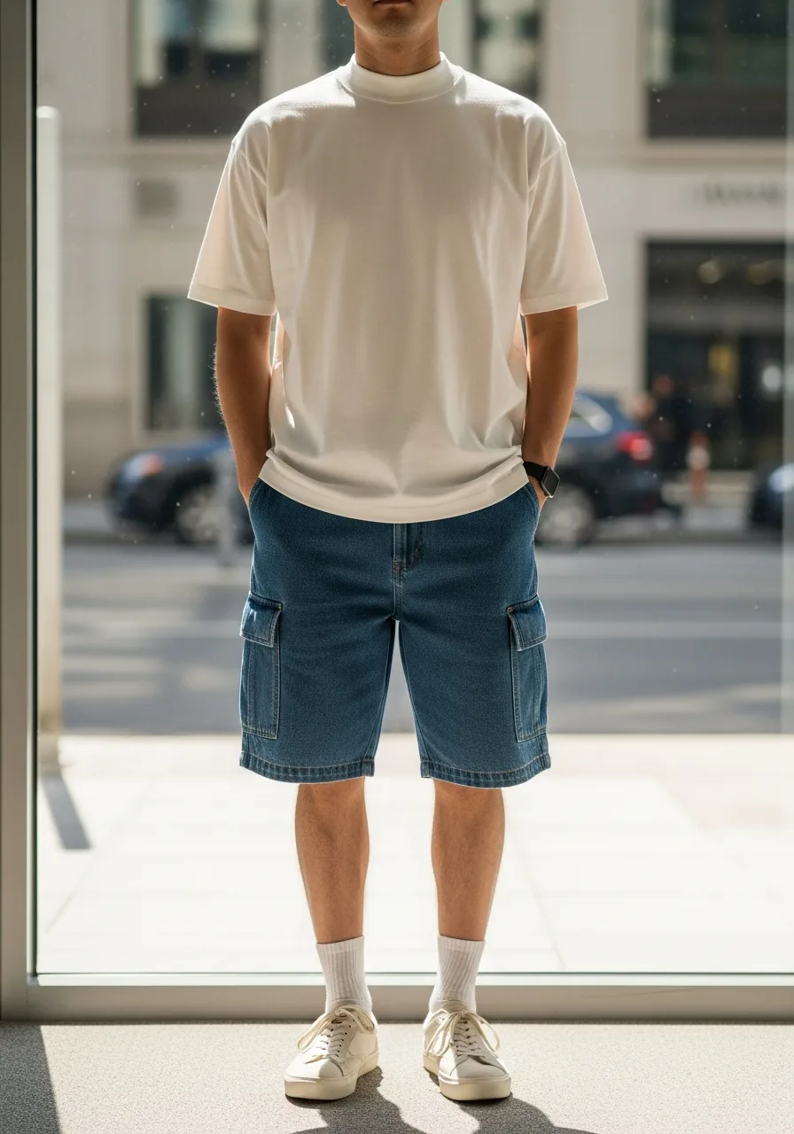 31. Cargo Denim Bermuda with Mock Neck