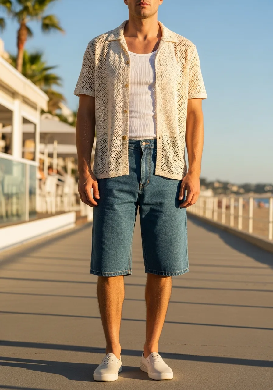 32. Crochet Shirt with Denim Bermudas