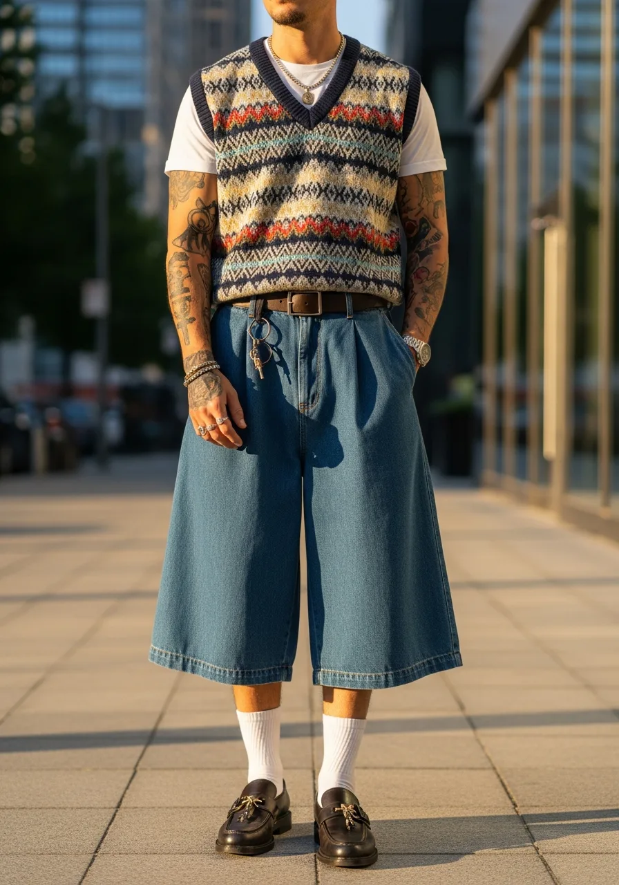 35. Sweater Vest with Denim Bermudas