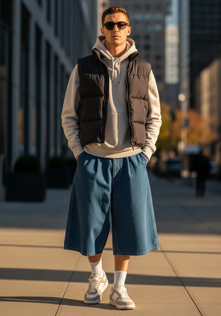9. Puffer Vest and Denim Bermudas