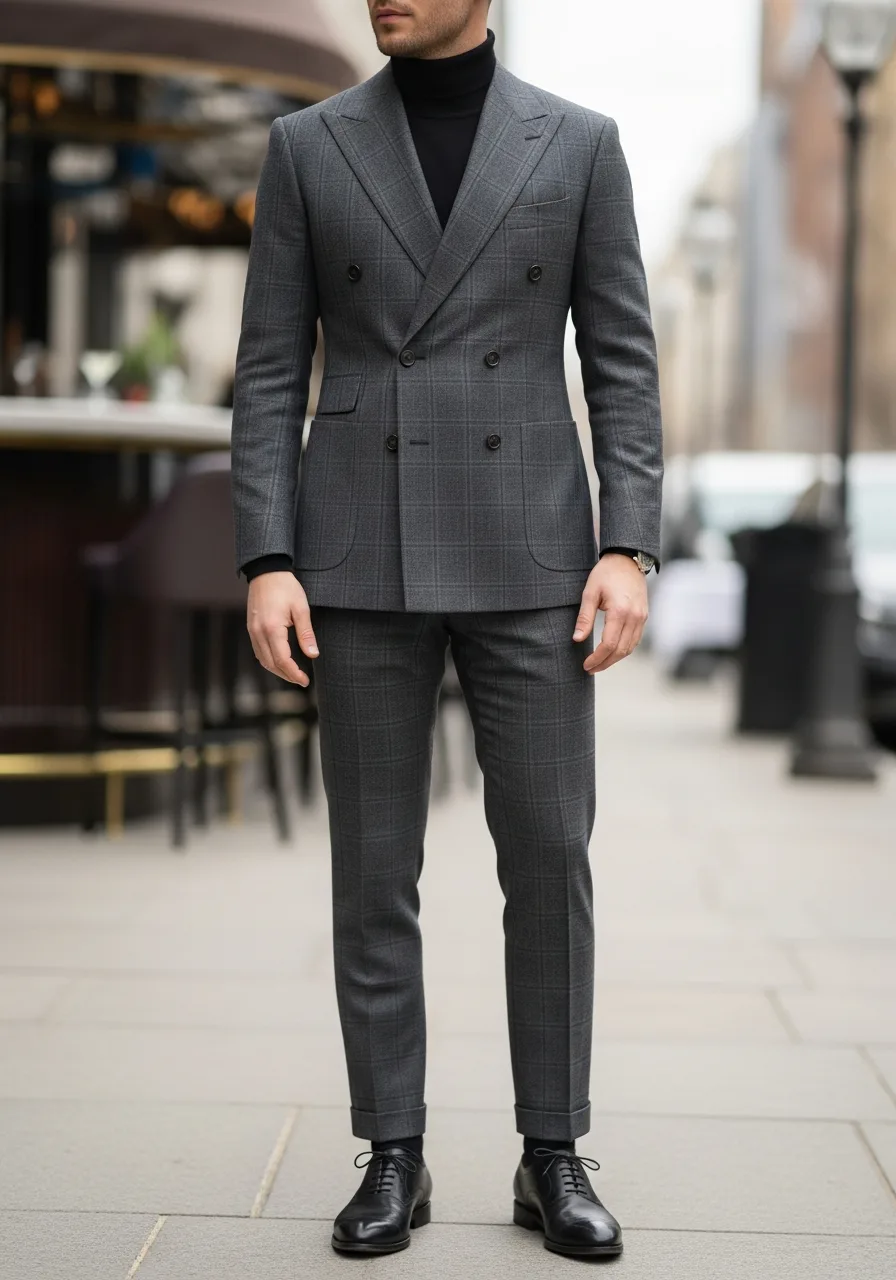 28. Charcoal Windowpane Double Breasted Suit