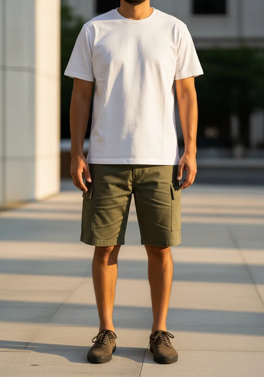 1. Olive Cargo Shorts with White Tee