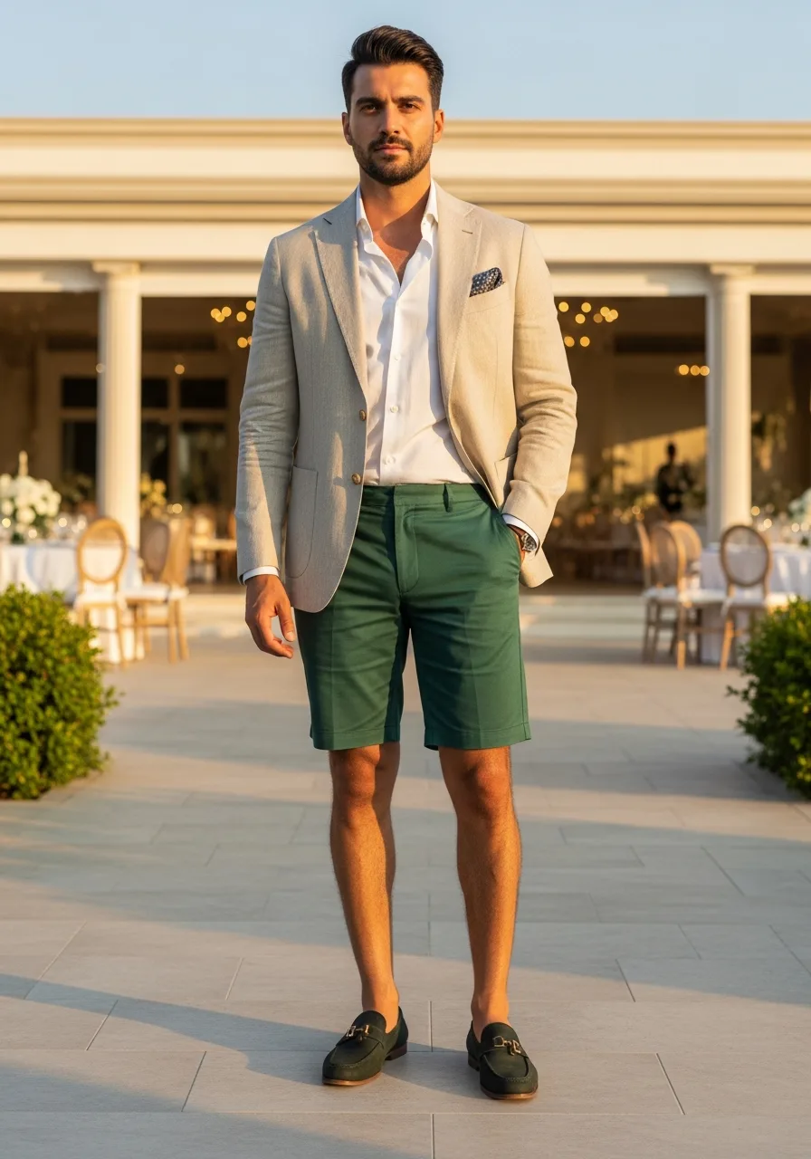 10. Forest Green Shorts with Beige Blazer