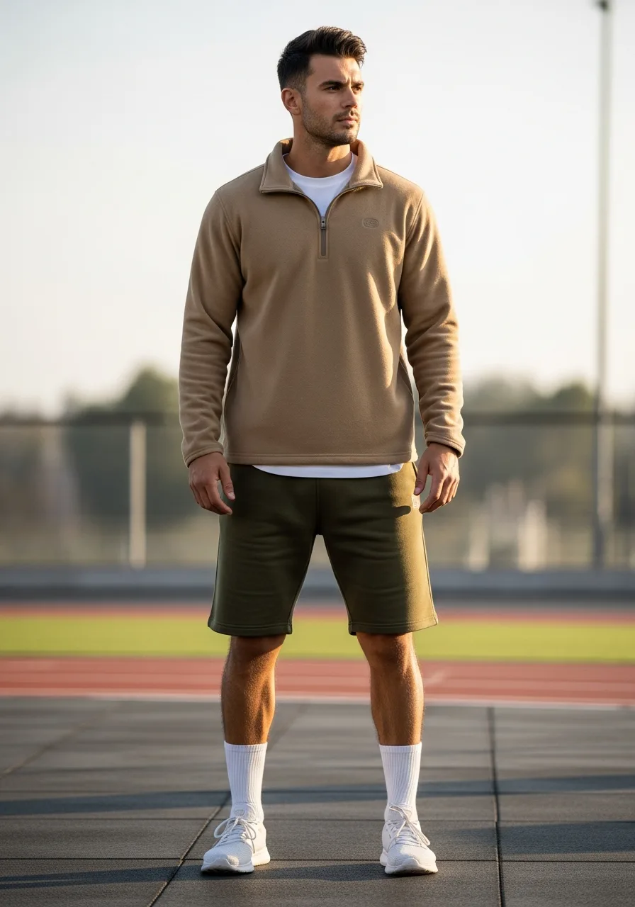 12. Olive Sweat Shorts with Quarter-Zip