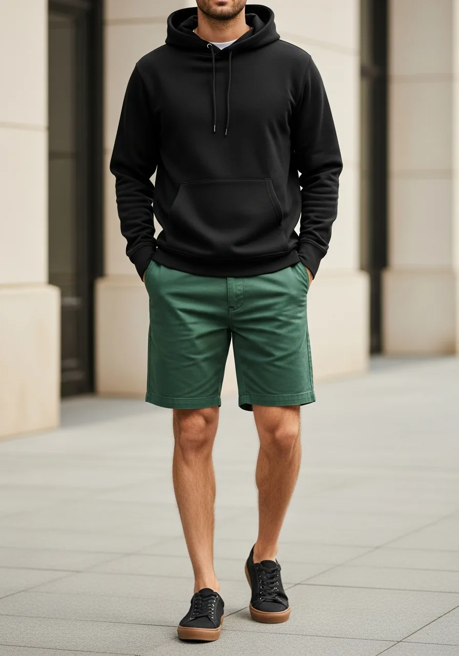 13. Hunter Green Shorts with Black Hoodie
