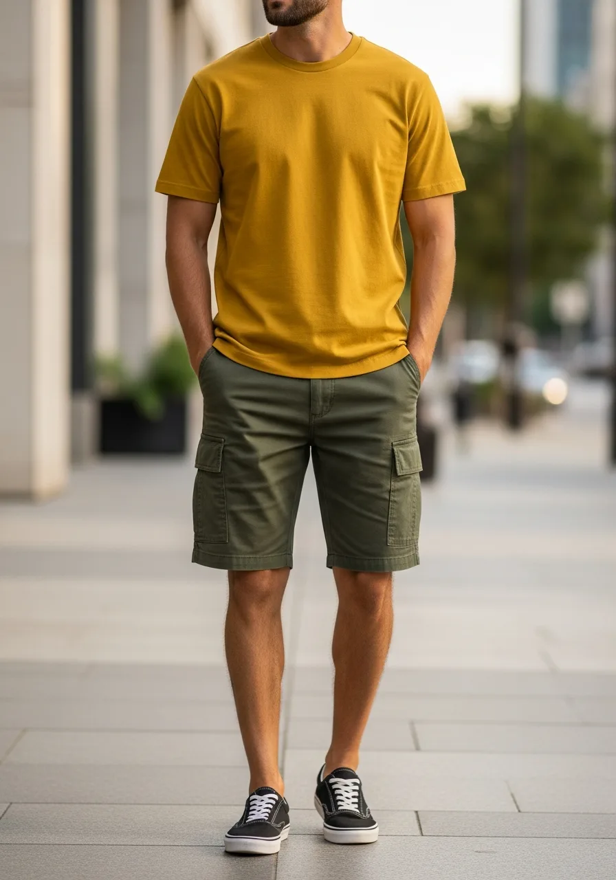 15. Olive Cargo Shorts & Mustard Tee