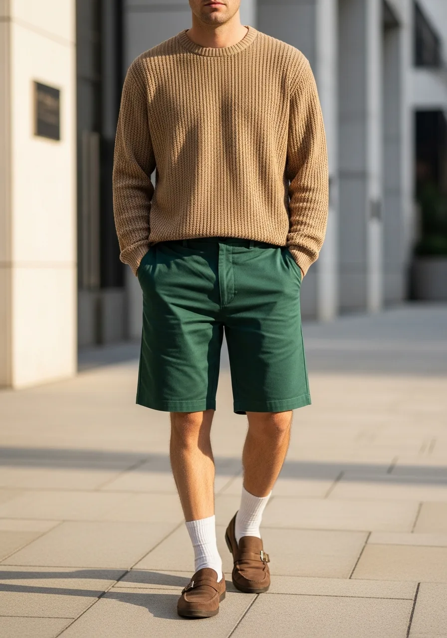 17. Forest Green Shorts + Tan Knit