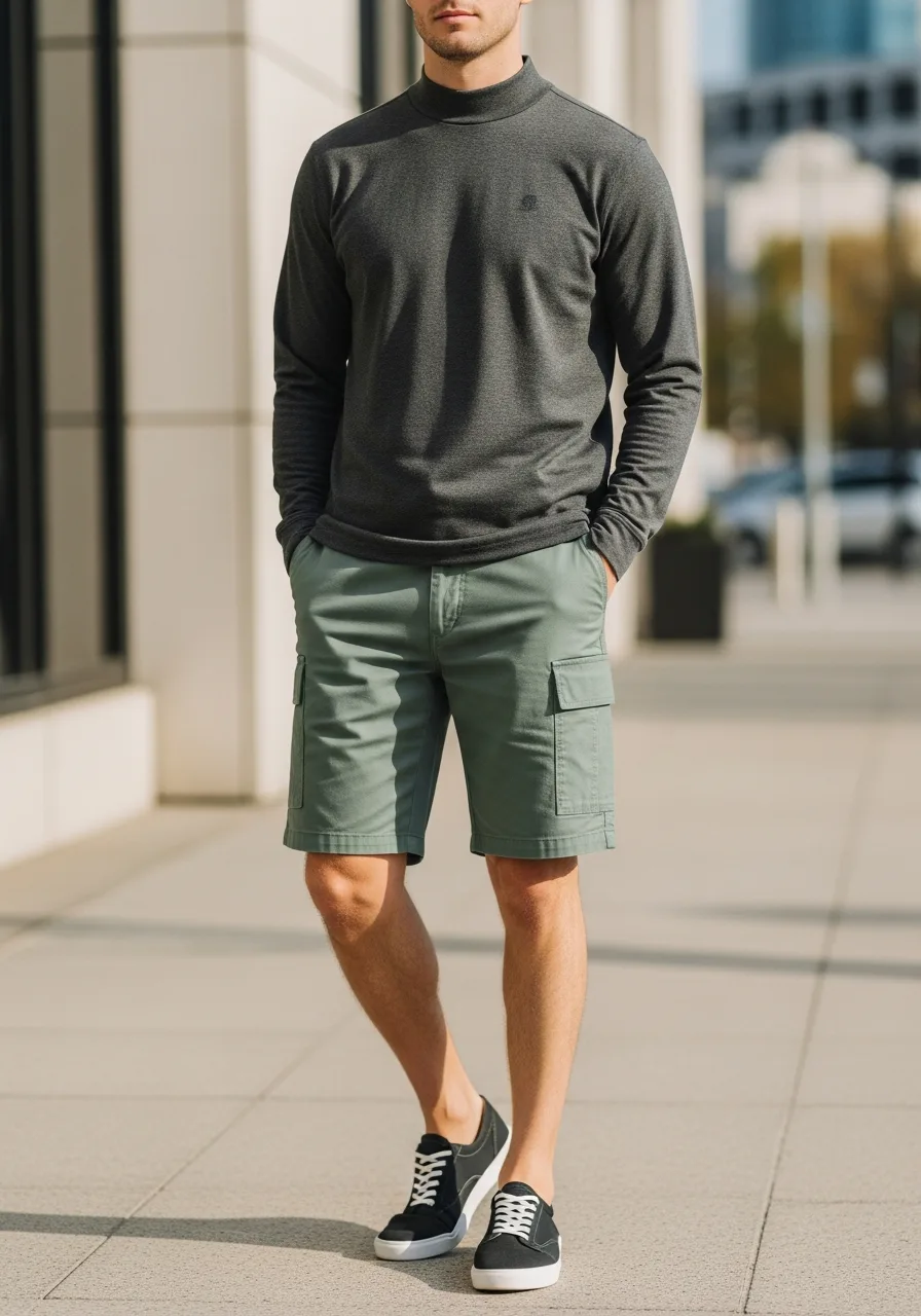 19. Sage Cargos with Charcoal Mock-Neck