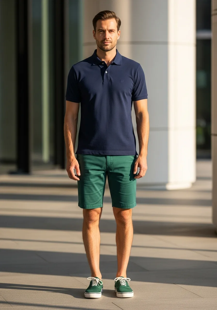 2. Forest Green Shorts with Navy Polo