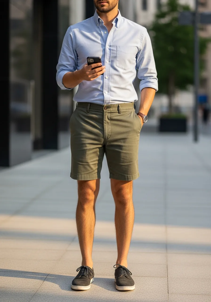 21. Olive Shorts with Oxford Shirt