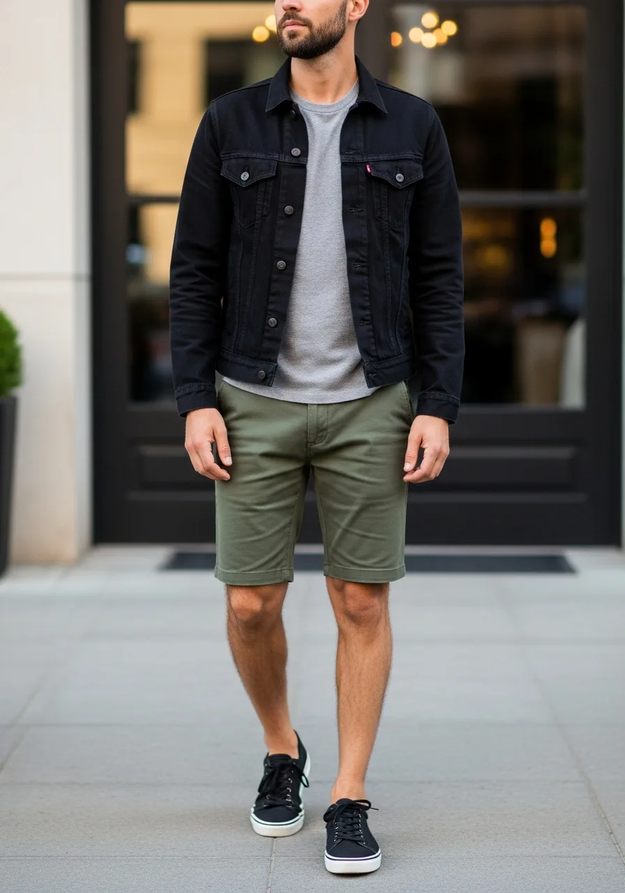 23. Army Green Shorts, Denim Jacket