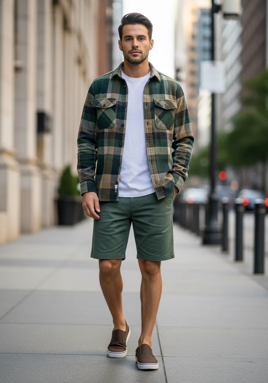 25. Moss Green Shorts with Flannel
