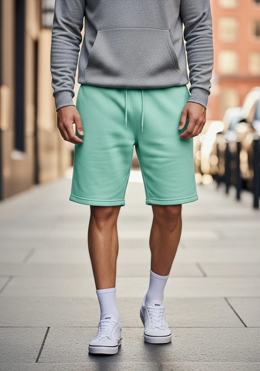 3. Mint Sweat Shorts with Grey Hoodie