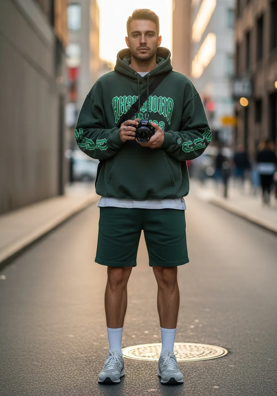 30. Dark Green Shorts, Graphic Hoodie