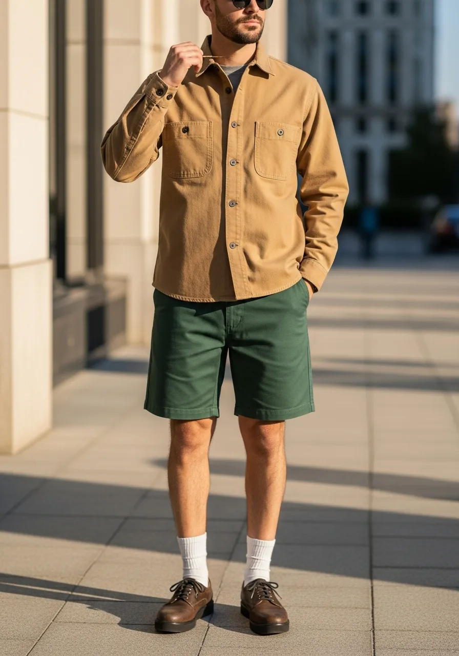 32. Forest Green Shorts, Tan Workshirt