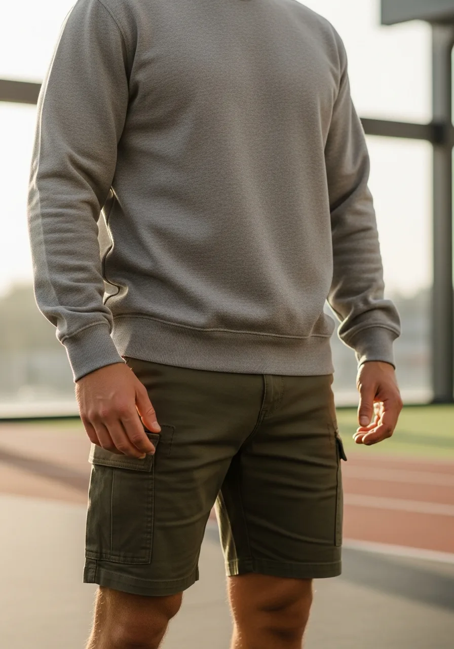 36. Olive Cargo Shorts + Grey Layering