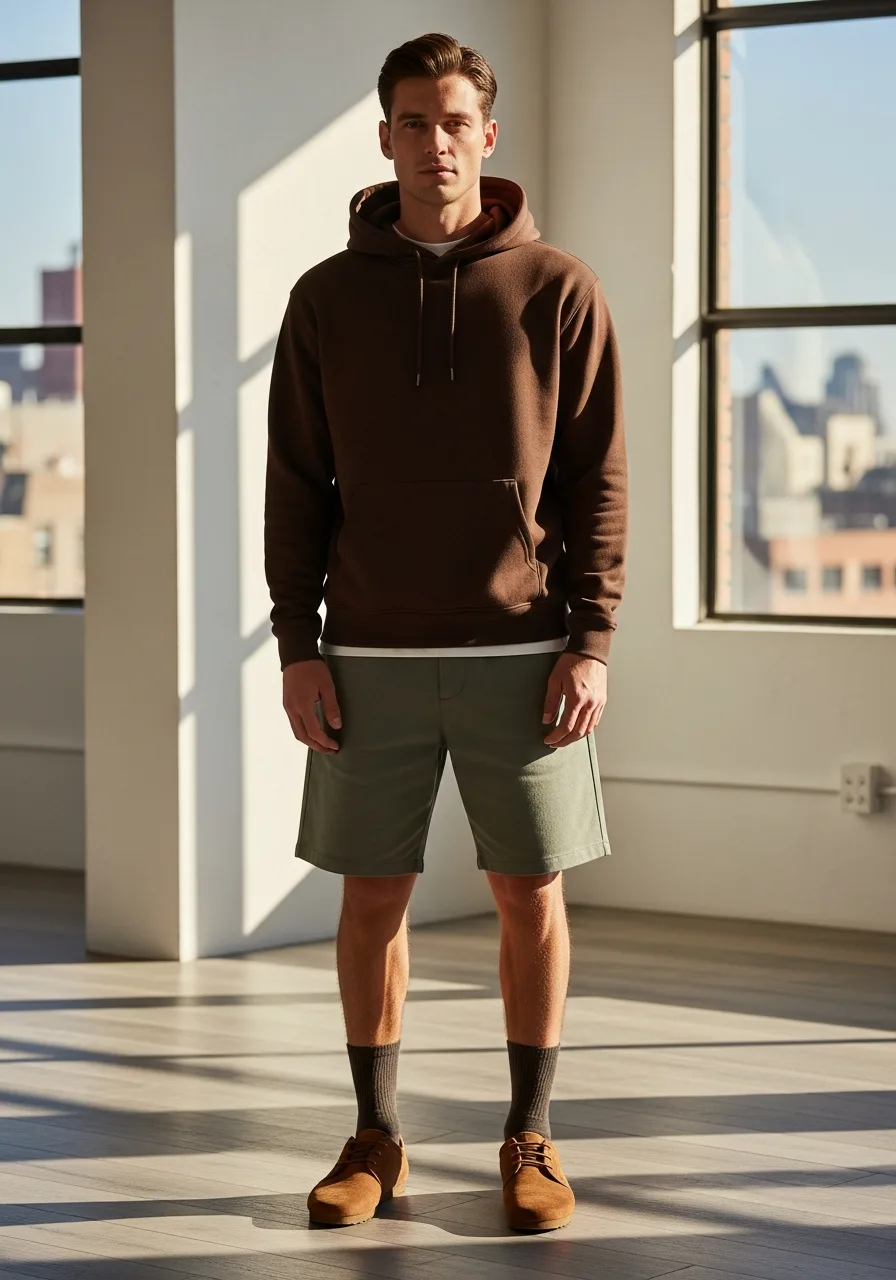 42. Sage Shorts with Brown Hoodie