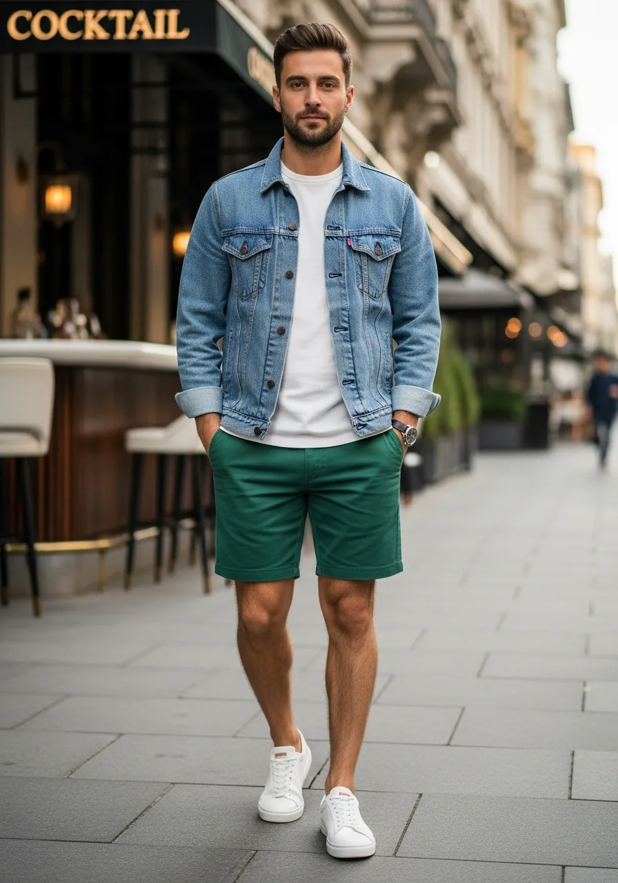 43. Forest Green Shorts, Denim Jacket