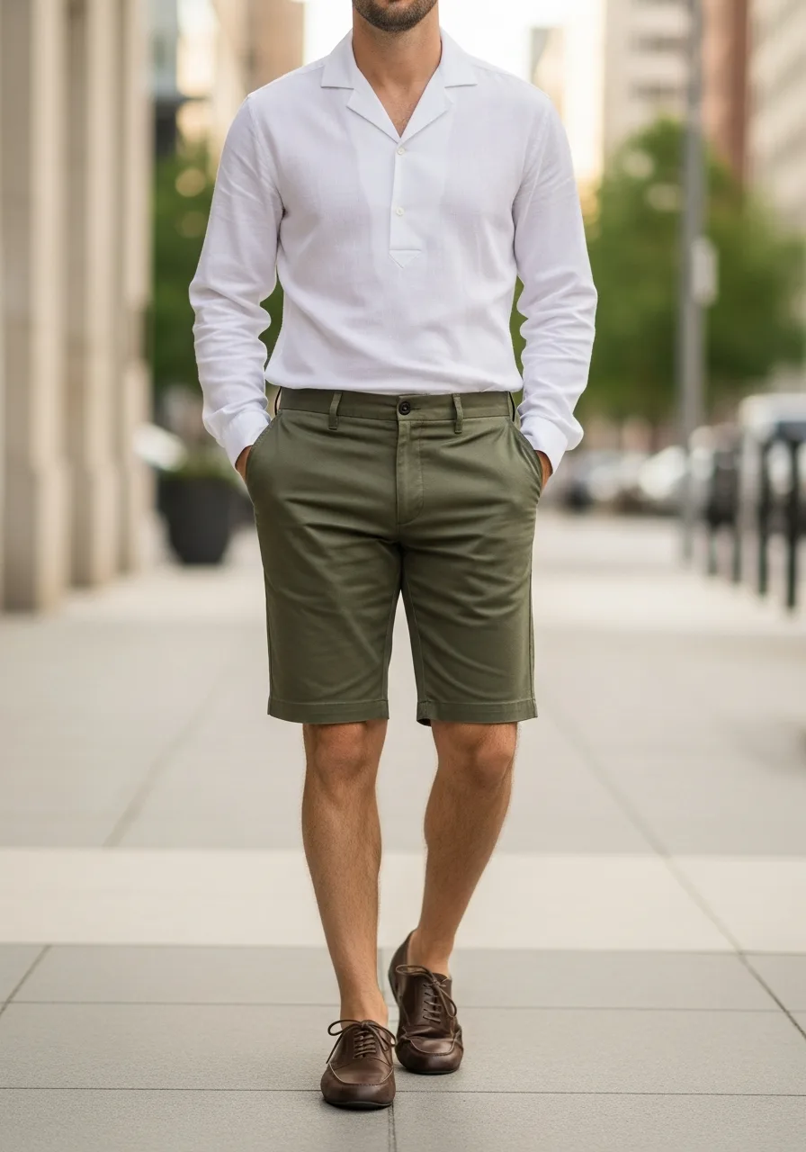 45. Olive Shorts with White Popover