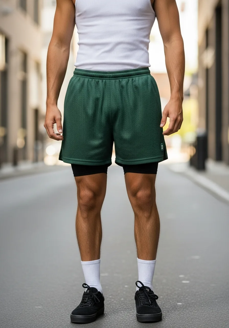 7. Dark Green Mesh Shorts with Tank