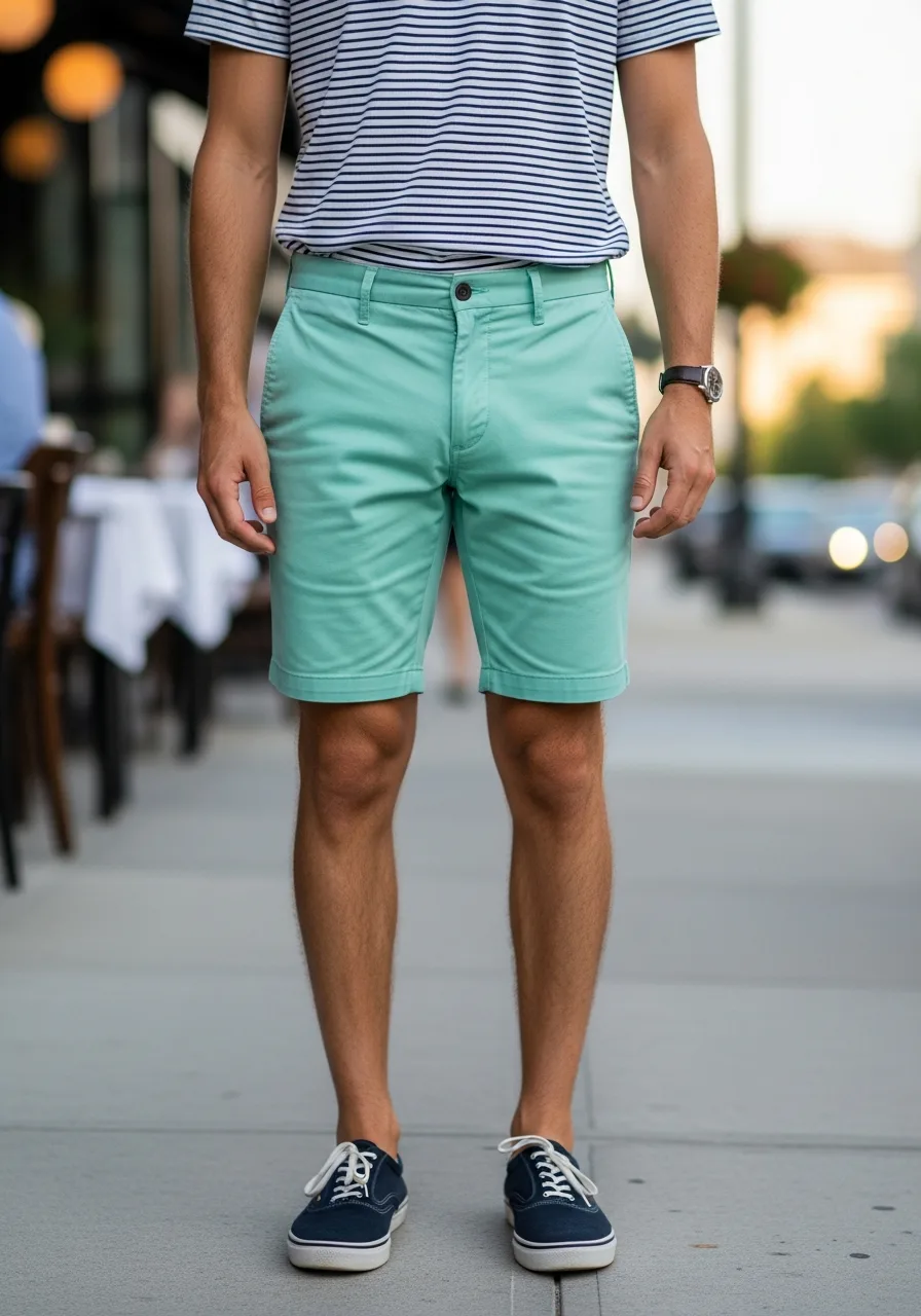 8. Mint Chino Shorts with Striped Tee