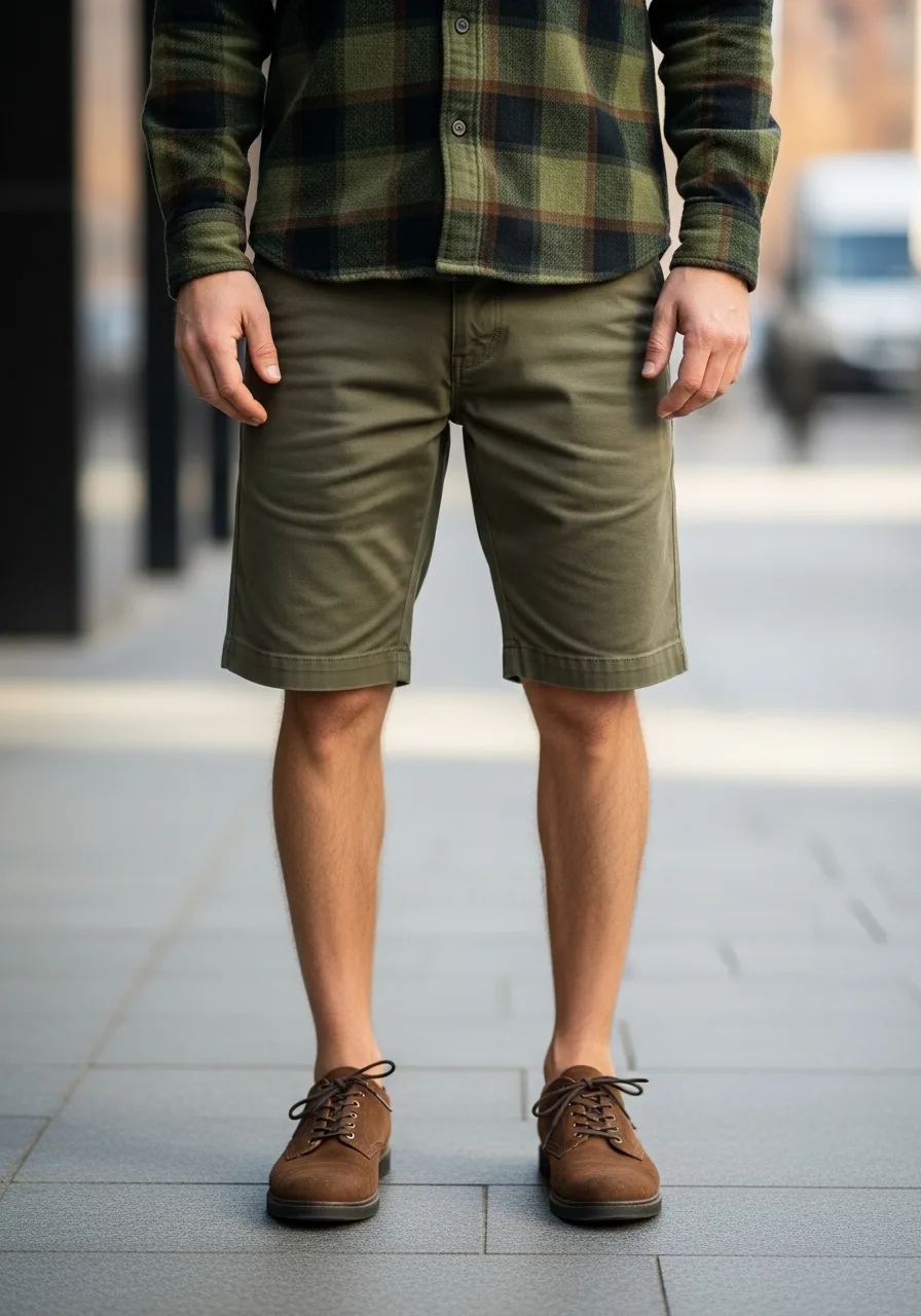 9. Olive Utility Shorts with Flannel Shirt