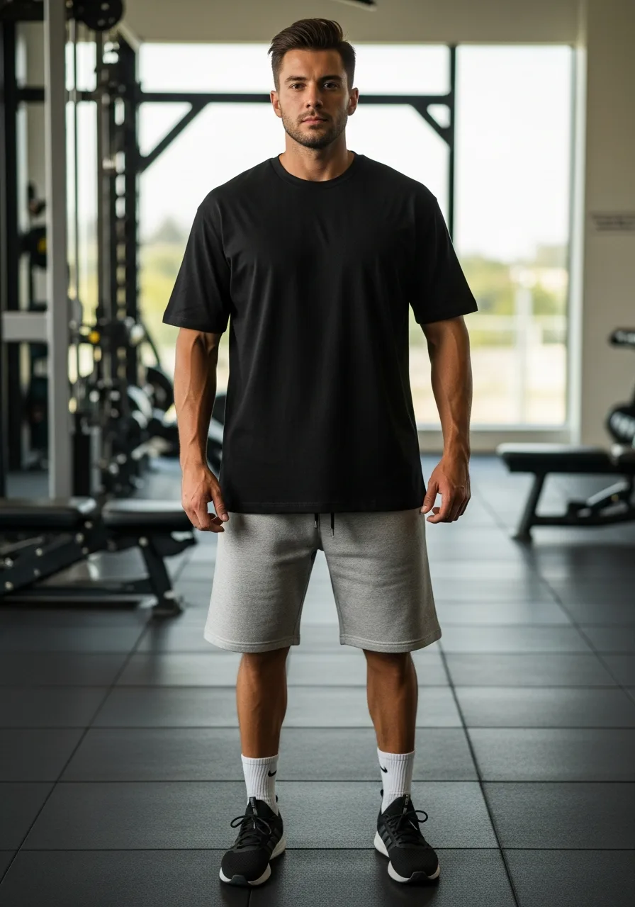 1. Black Tee with Sweat Shorts