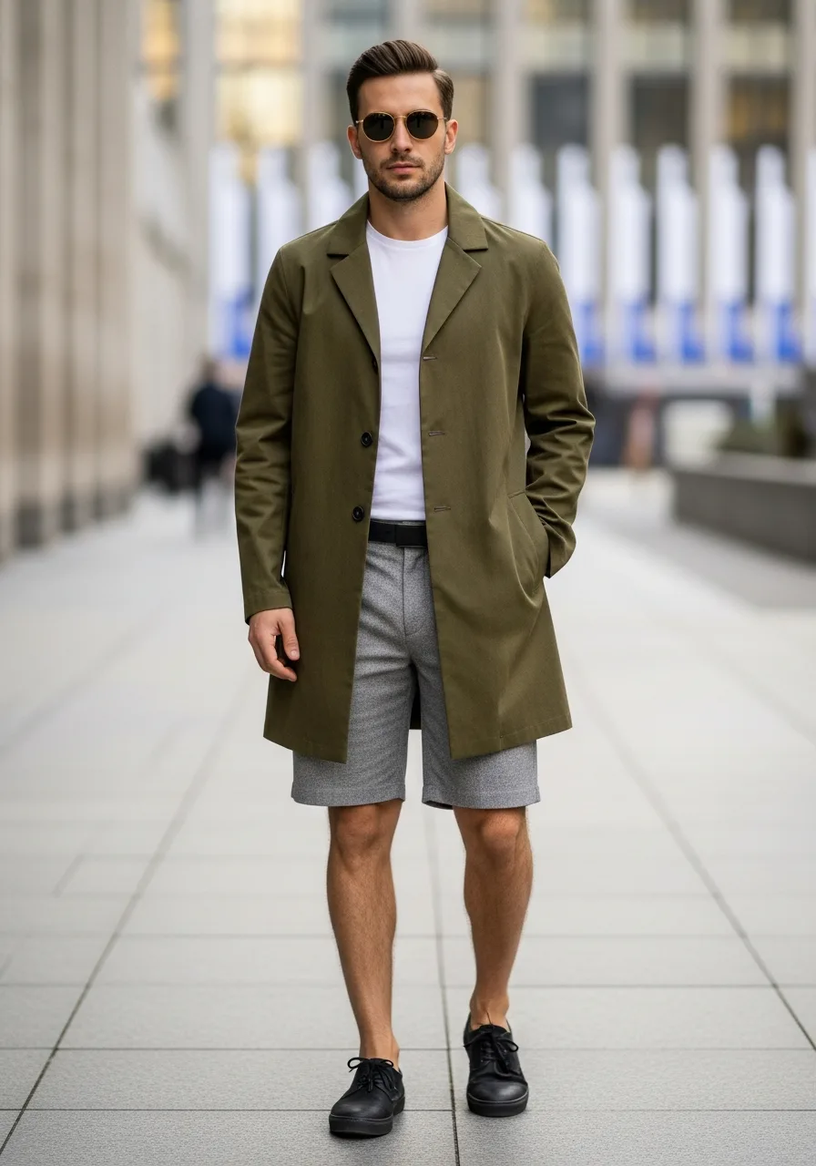 16. Olive Overshirt and Grey Shorts
