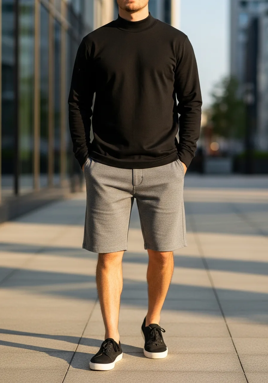 18. Black Mock Neck Grey Shorts Look