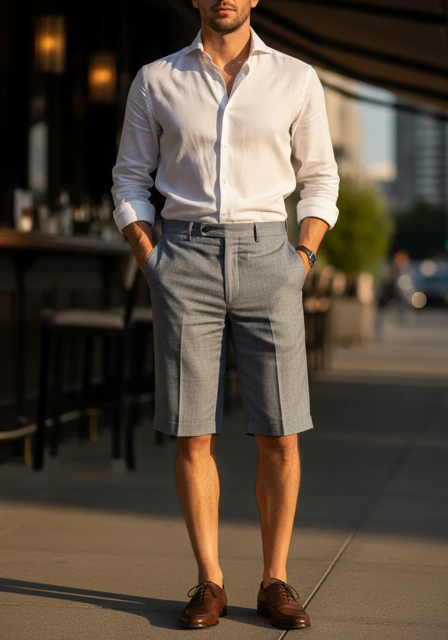 2. White Linen and Grey Shorts