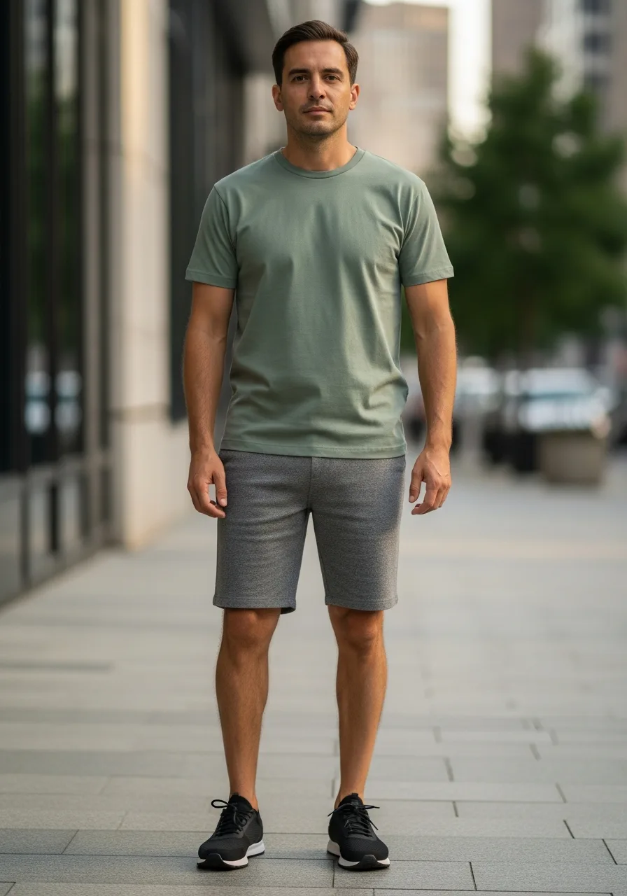 20. Sage Green Tee with Grey Shorts
