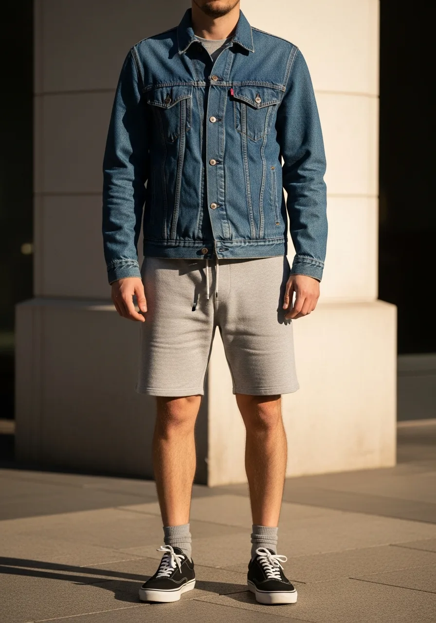 21. Denim Jacket with Grey Sweatshorts
