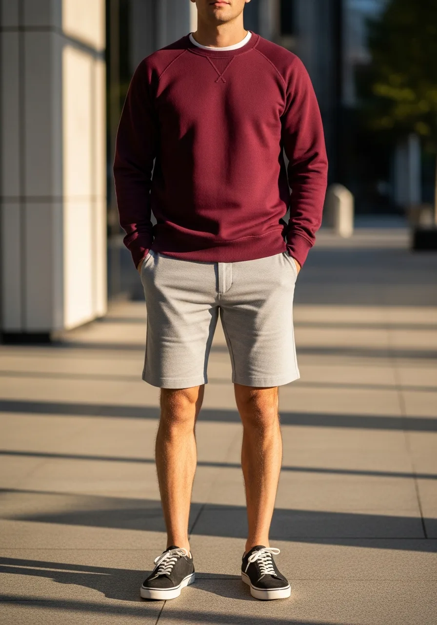 23. Burgundy Sweatshirt with Grey Shorts