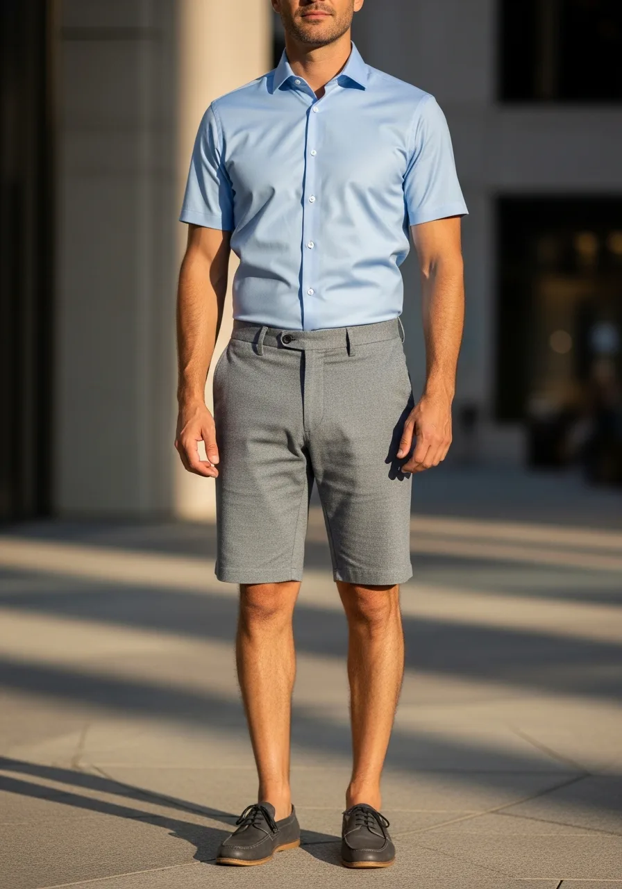 24. Light Blue Poplin with Grey Shorts