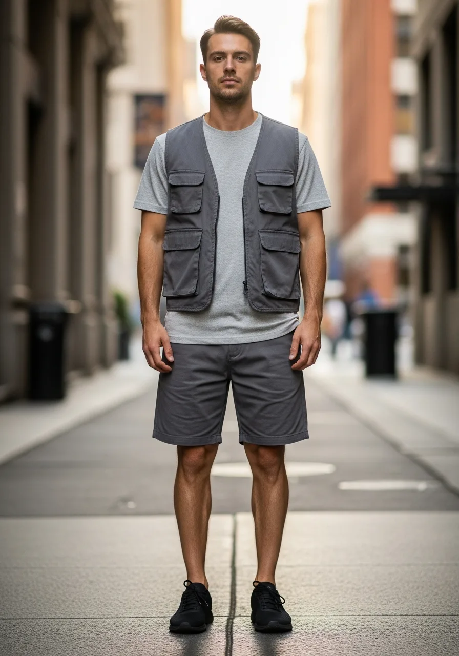 25. Utility Vest with Grey Shorts