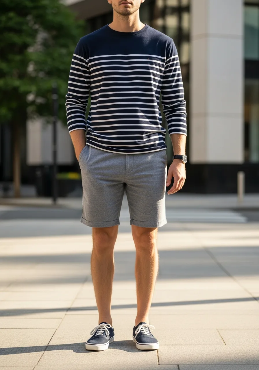 27. Long Sleeve Breton with Grey Shorts